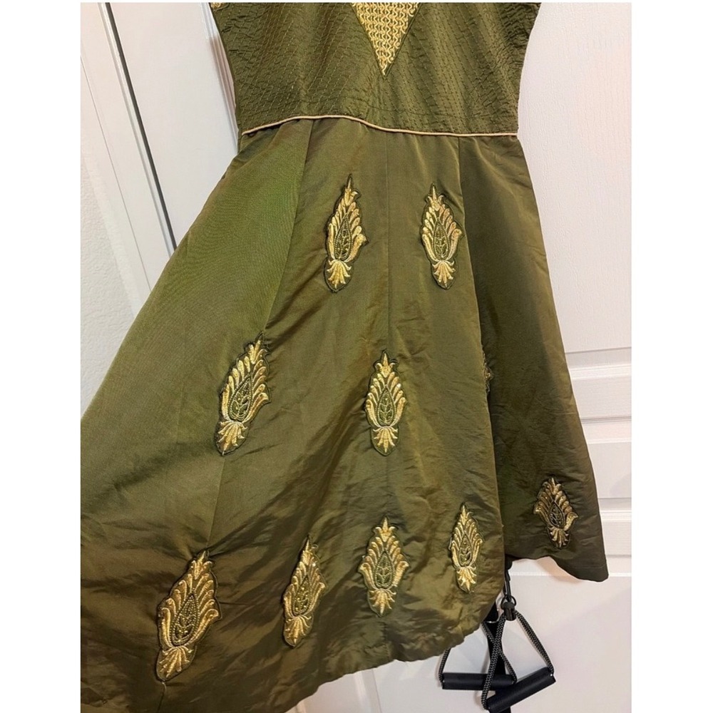 Vintage Olive Green Gold Embroidered Sequin Sleeveless Fit Flare Dress Womens - Picture 5 of 8